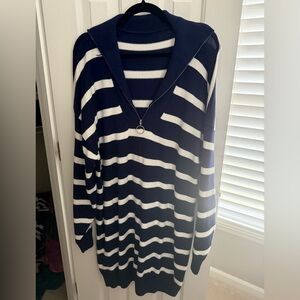Elegant Navy and White Striped Long Sleeve Sweater Dress
